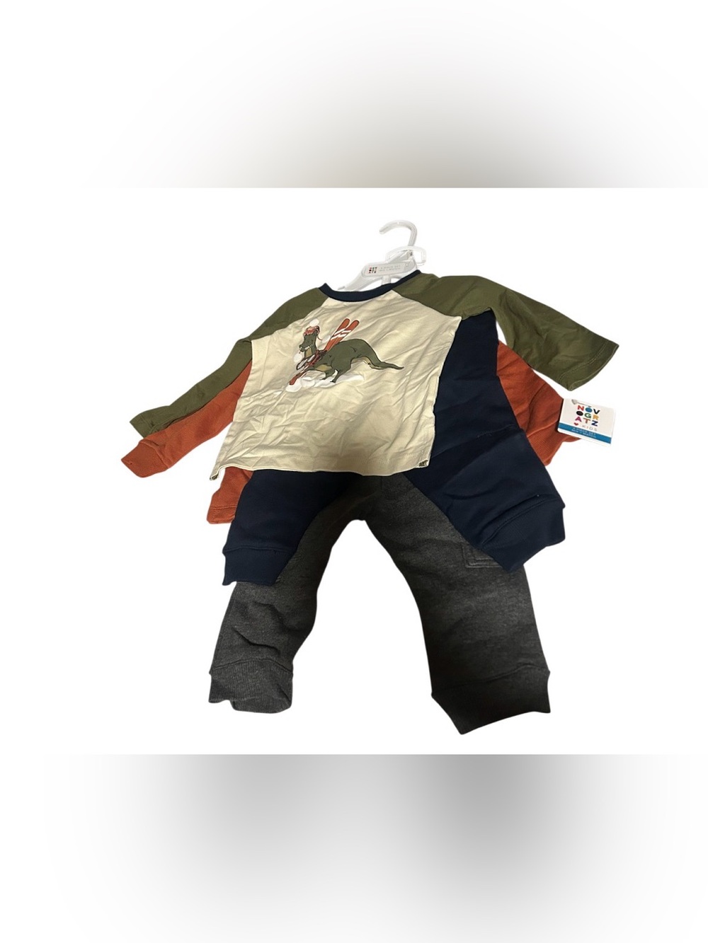 4-Piece Set Kids Colorblock Long-Sleeve Tee with Dino Graphic - Navy/Green/Cream